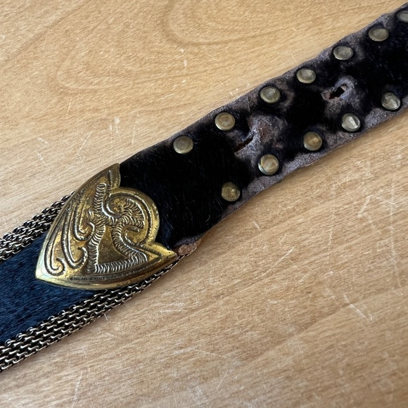 US MECO PARIS BELT VTG BLACK LEATHER METAL MESH BRONZE GROMMET STUDS WESTERN - Picture 5 of 12